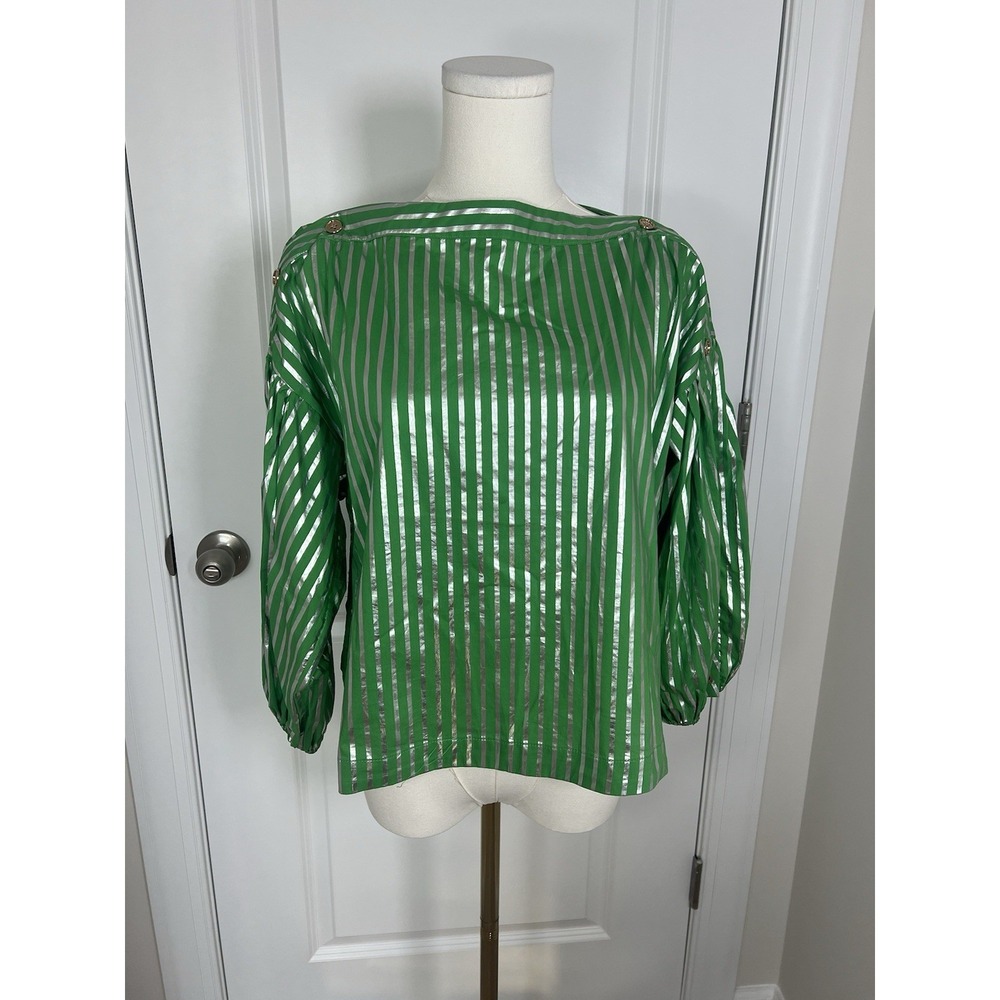 BURU Women's Cropped Green Silver Metallic Striped Blouse Top NWT Medium Chic
